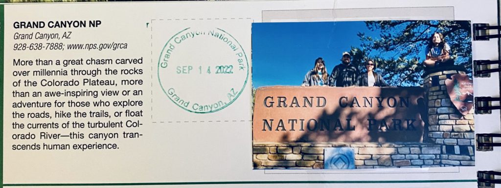 Grand Canyon cancellation and family picture of sign in national parks passport book.